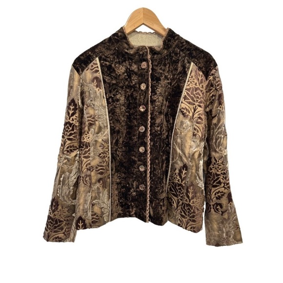 Chicos Jackets & Blazers - Chicos Mixed Media Velvet Jacket Blazer Womens 2 Wood Button Lace Trim